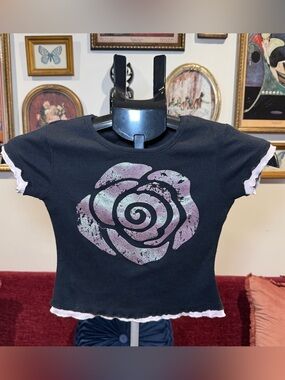 Black Baby Tee with Iridescent Rose Graphic